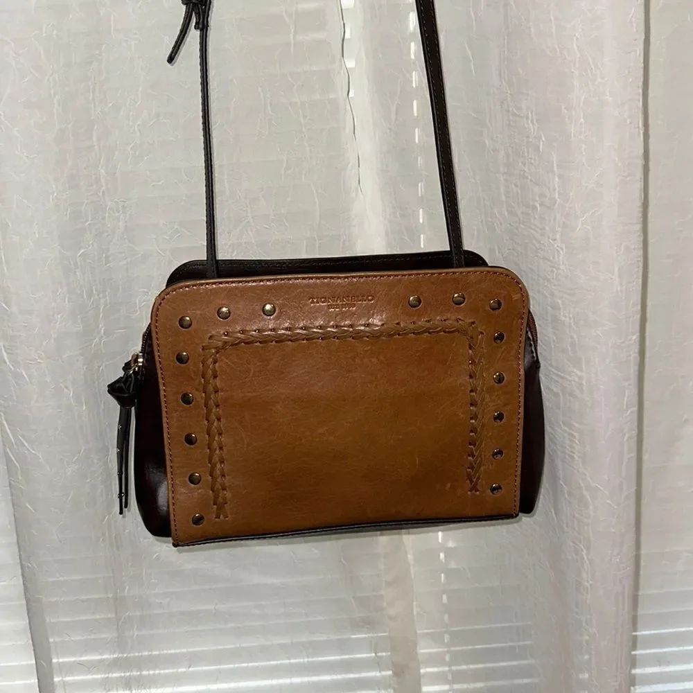 Tignanello Brown Tan Braided Stidded Double Zip Crossbody Genuine Leather Bag